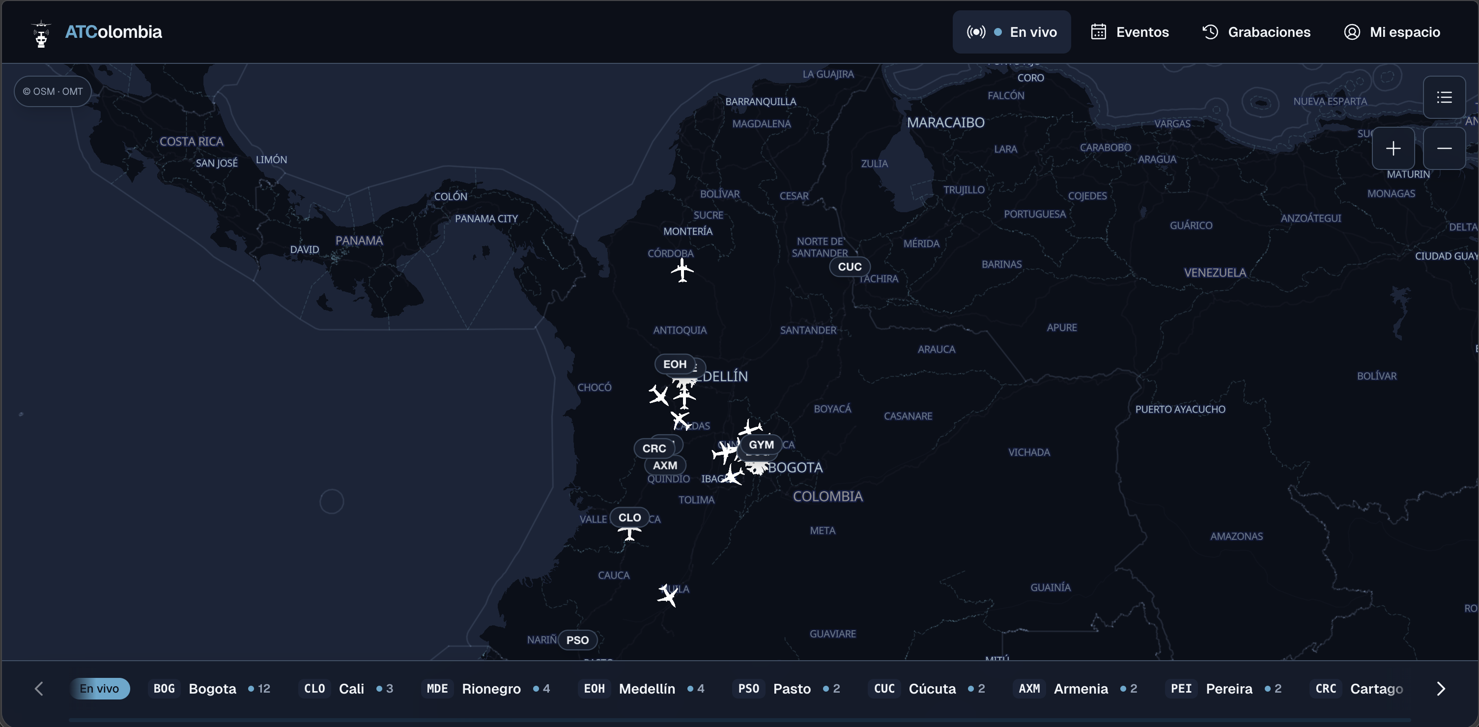 Mapa de Colombia con los aeropuertos publicados por ATColombia.